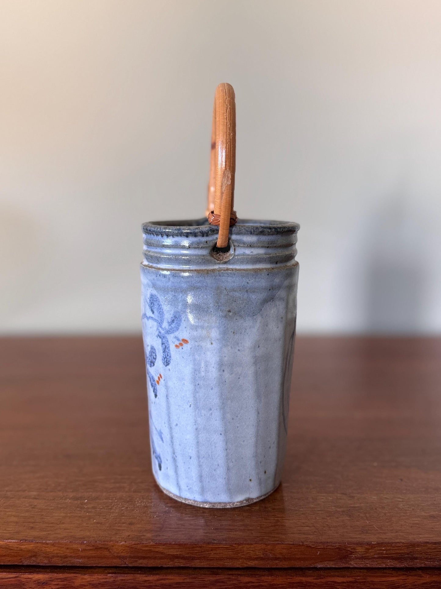 Vintage Studio Pottery Vase with Bamboo Handle Hand-Thrown Stoneware Jar with Blue Glaze & Abstract Brushwork