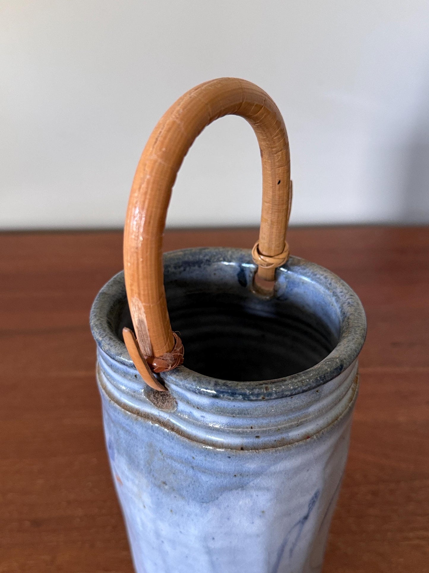 Vintage Studio Pottery Vase with Bamboo Handle Hand-Thrown Stoneware Jar with Blue Glaze & Abstract Brushwork