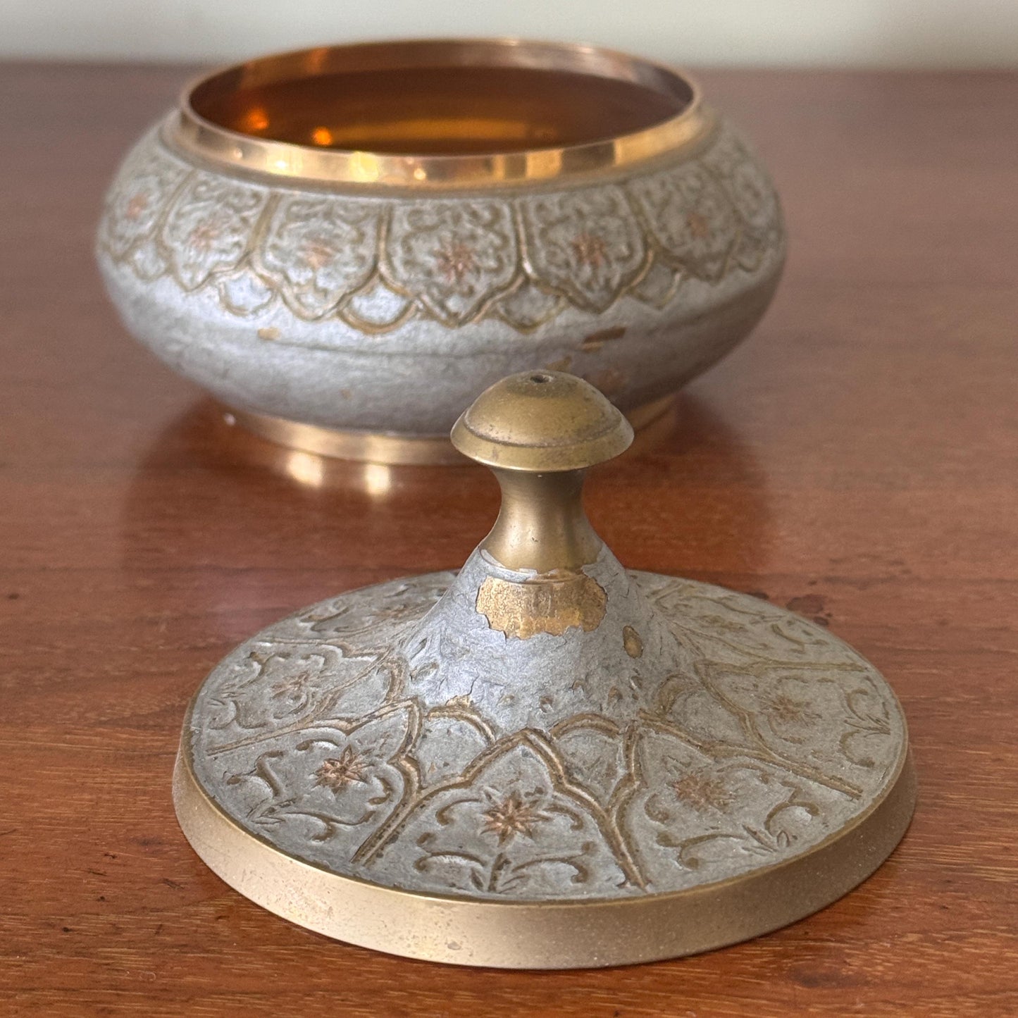 Vintage Brass two toned Blue Gray Trinket Bowl Dish that was Made in India