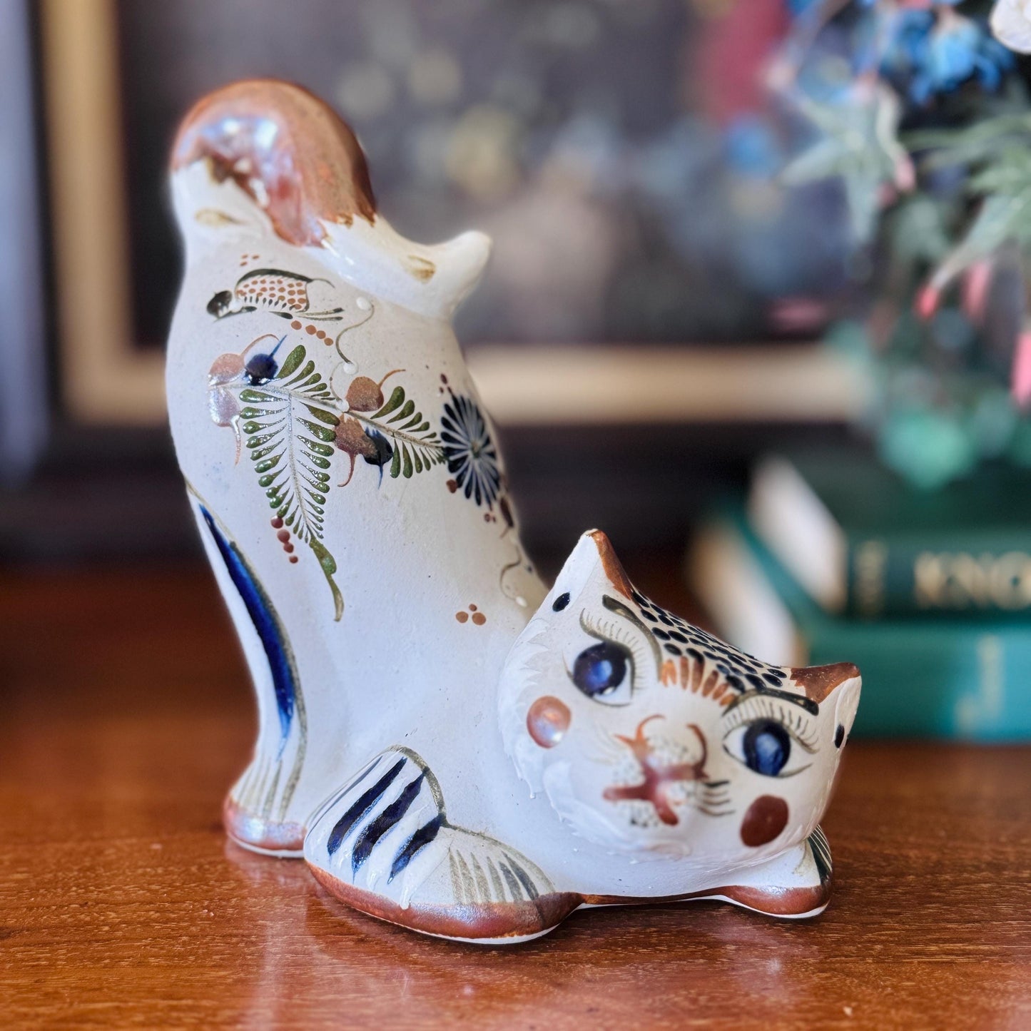 Vintage Tonalá Pottery Cat Figurine | Hand-Painted Mexican Folk Art