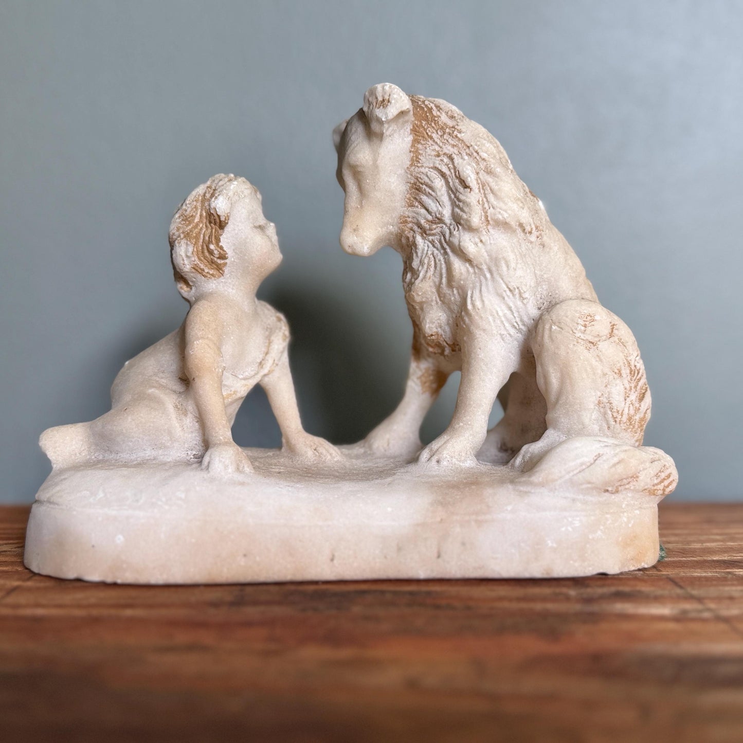 Chalkware Child & Collie Dog Figurine Whimsical Loyalty Friendship Sculpture | Nursery or Mantel Decor