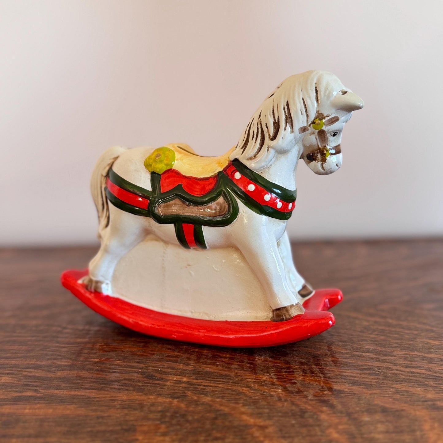 Vintage Enesco Holiday Rocking Horse Bank – Hand-Painted Ceramic Christmas Toy Horse with Teddy Bear & ABC Block