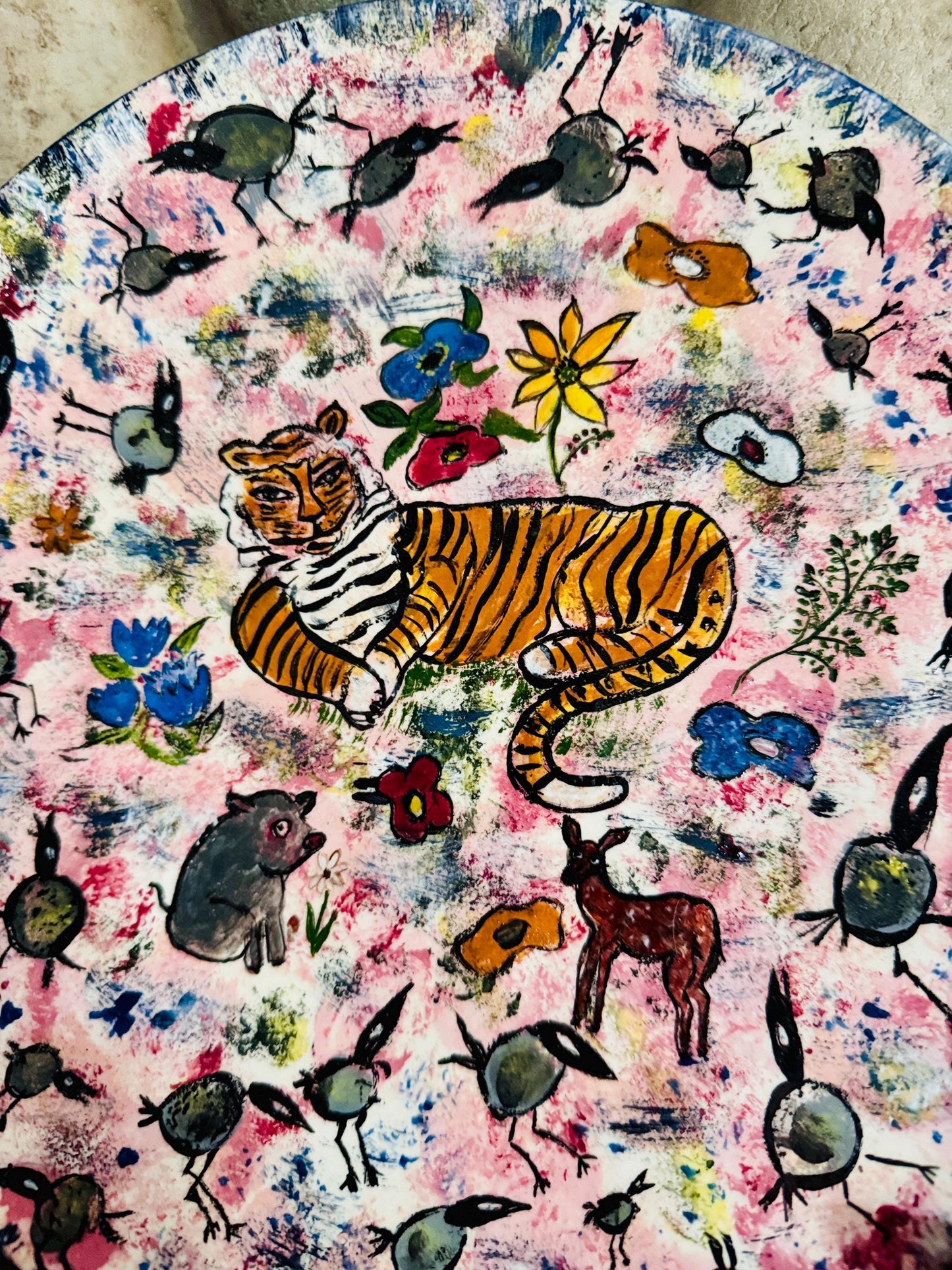 Hand-Painted Tiger Ceramic Plate: 1973 Signed Folk Art Decor