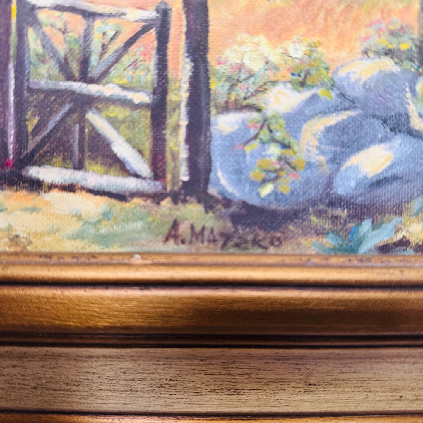 Vintage Framed Oil Painting: Rustic Country Landscape by Ann Matzko