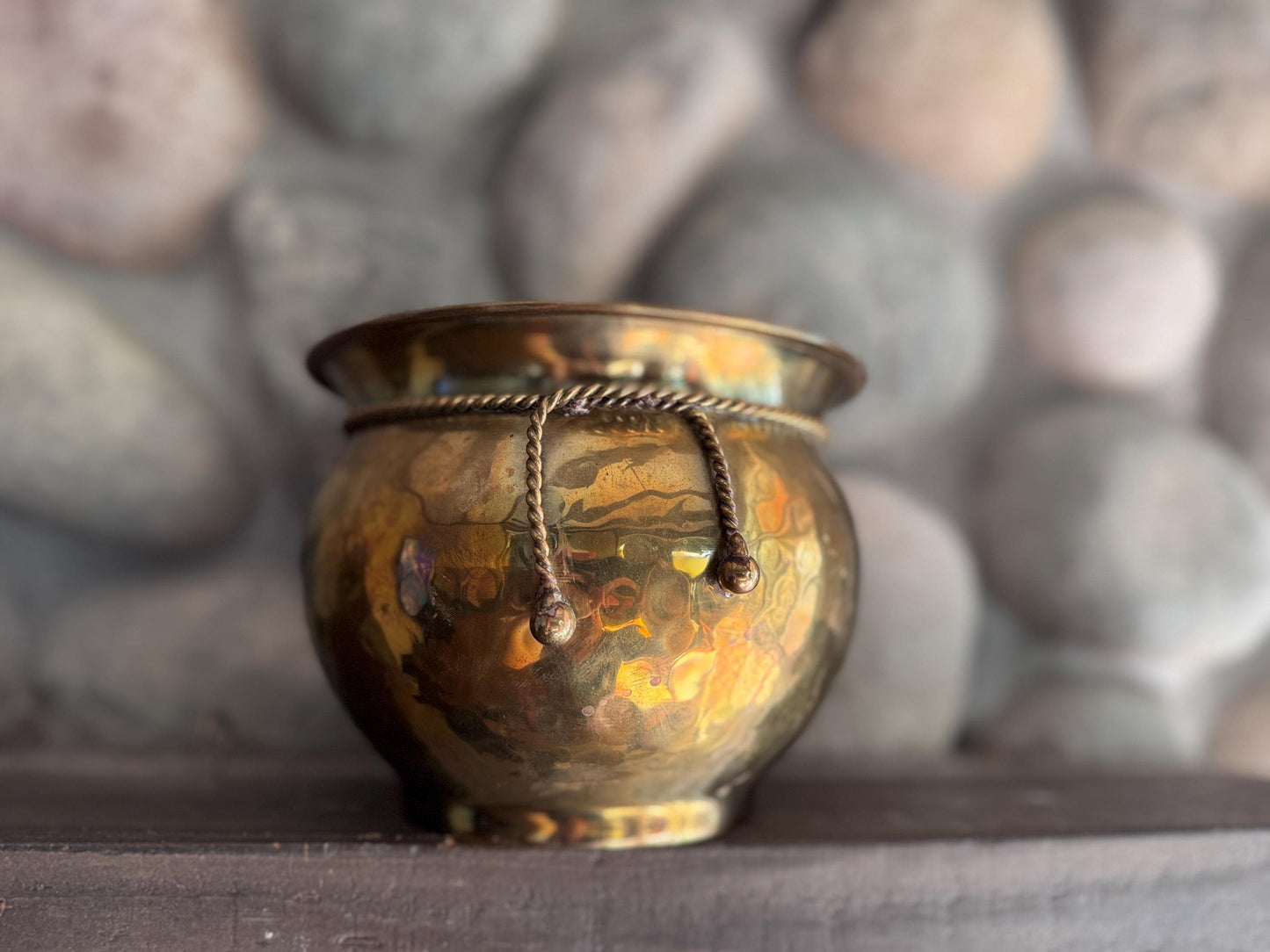 Vintage Hammered Brass Pot with Rope Detail: Boho Planter Bowl