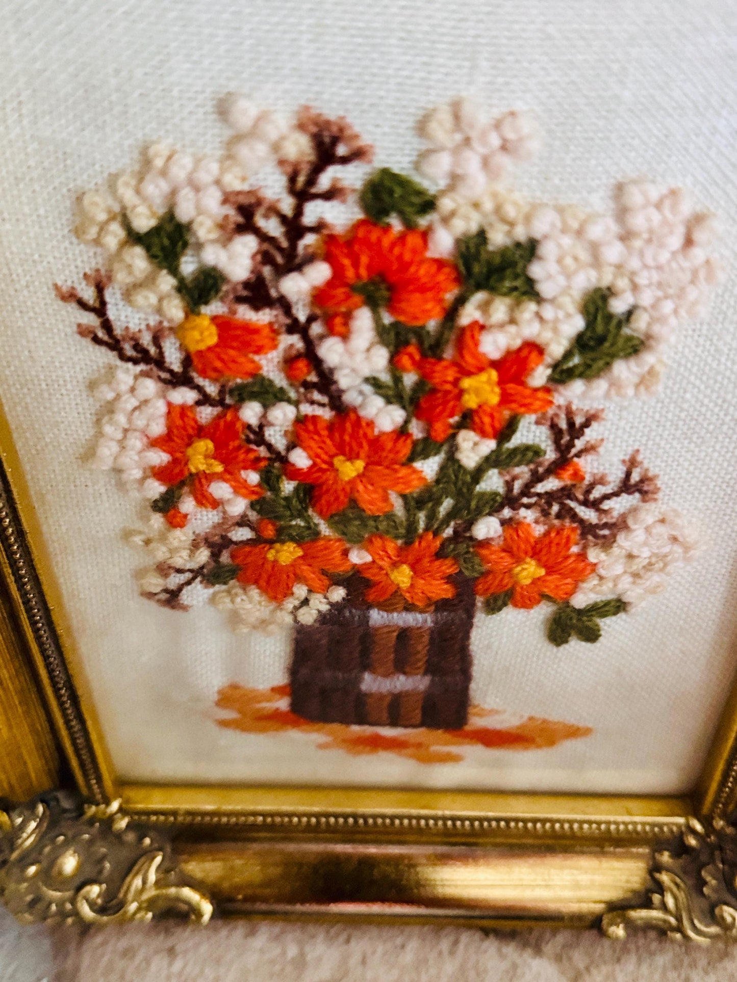 Vintage Crewel Needlepoint Hand-Embroidered Floral Art Framed in Ornate Gold Tone Frame