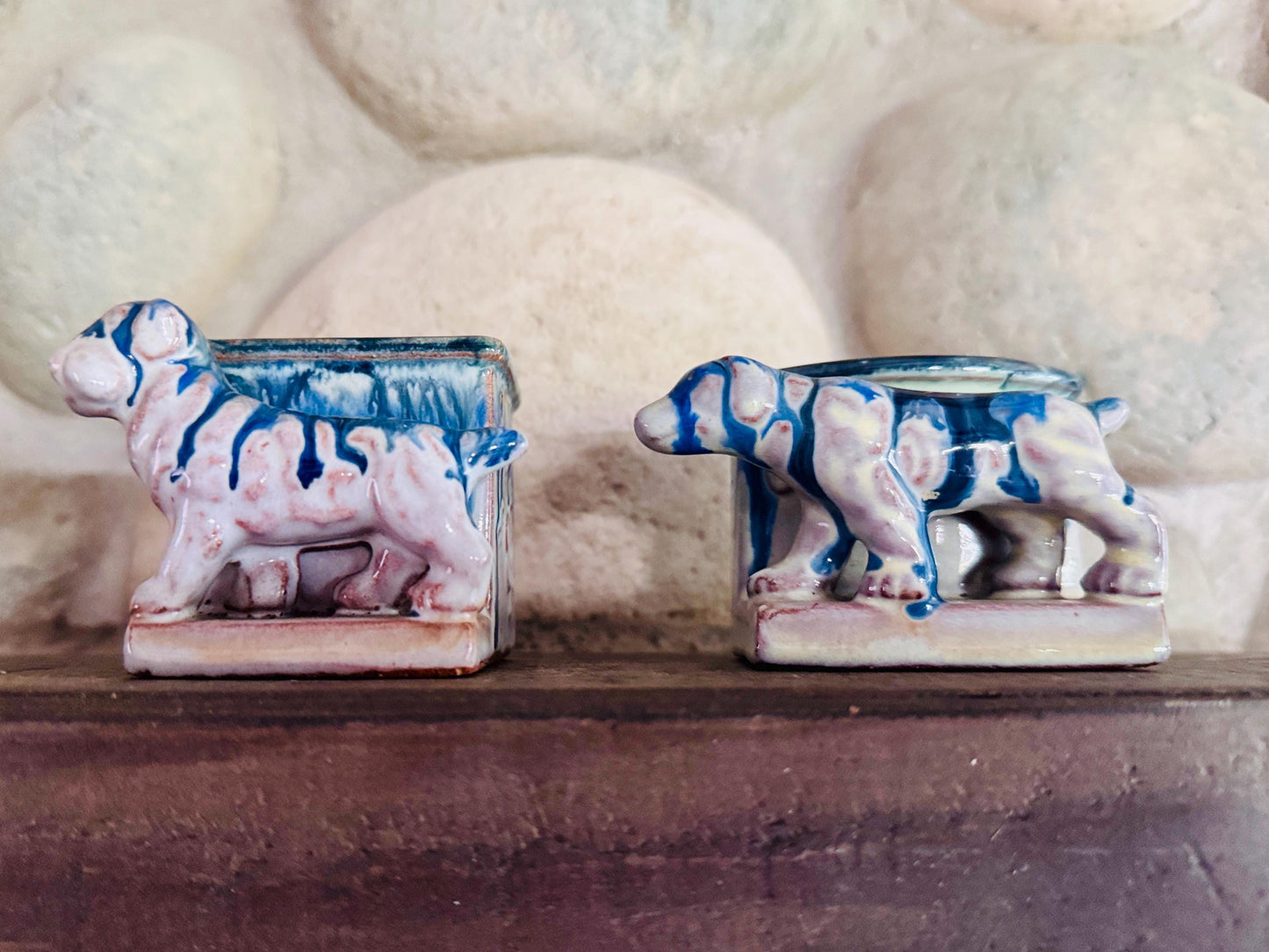 Vintage Japanese Ceramic Dog Planters: Blue Drip Glaze Folk Art, Set of 2