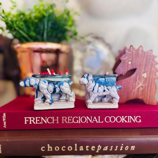 Vintage Japanese Ceramic Dog Planters: Blue Drip Glaze Folk Art, Set of 2