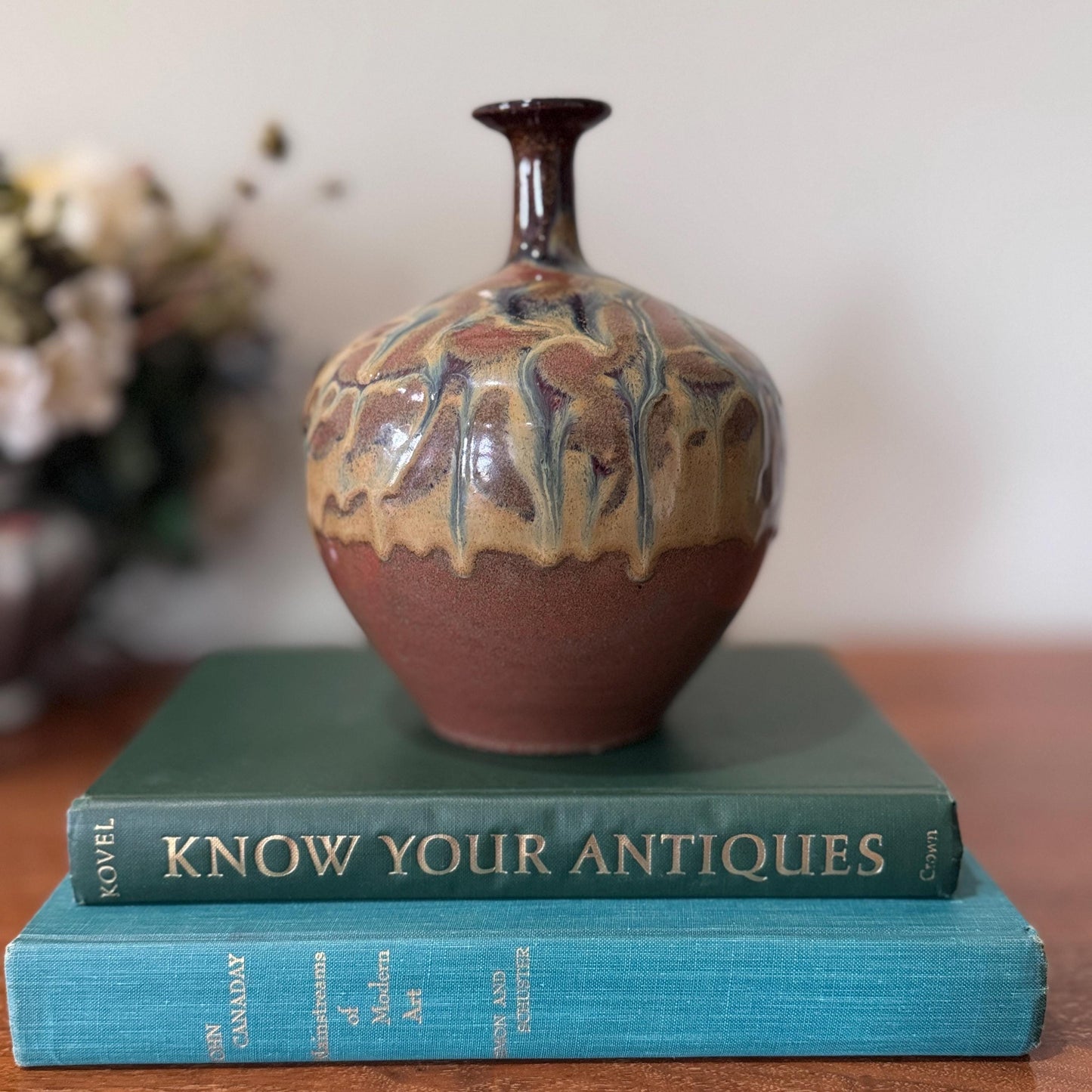 Japanese Style Studio Art Pottery Drip Glaze American Shino Vase, Mid-Century Modern Artisan Decor
