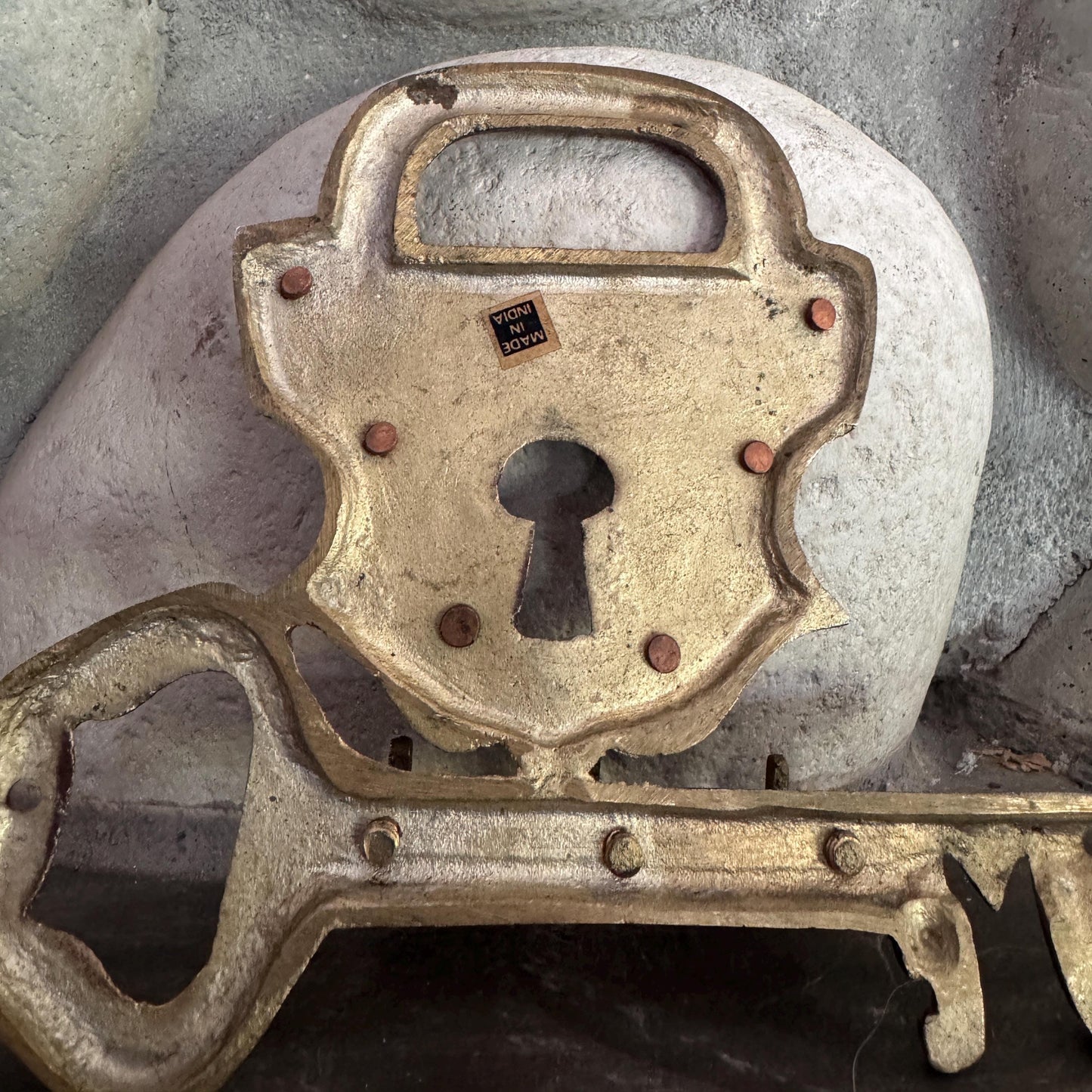 Vintage Solid Brass Padlock & Key Wall Hook – Made in India