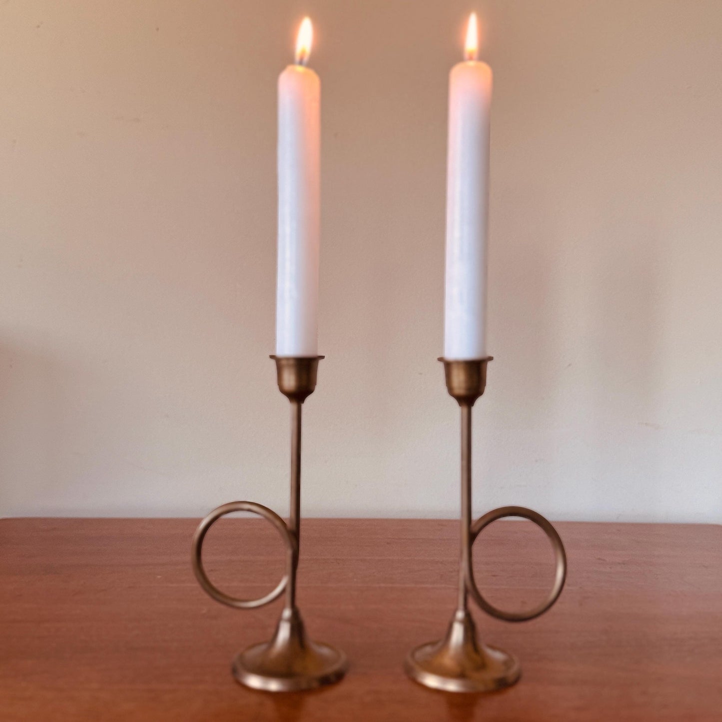 Pair of Mid-Century Modern Brass Trumpet Loop Candlesticks – 7.5” Sculptural Taper Holders