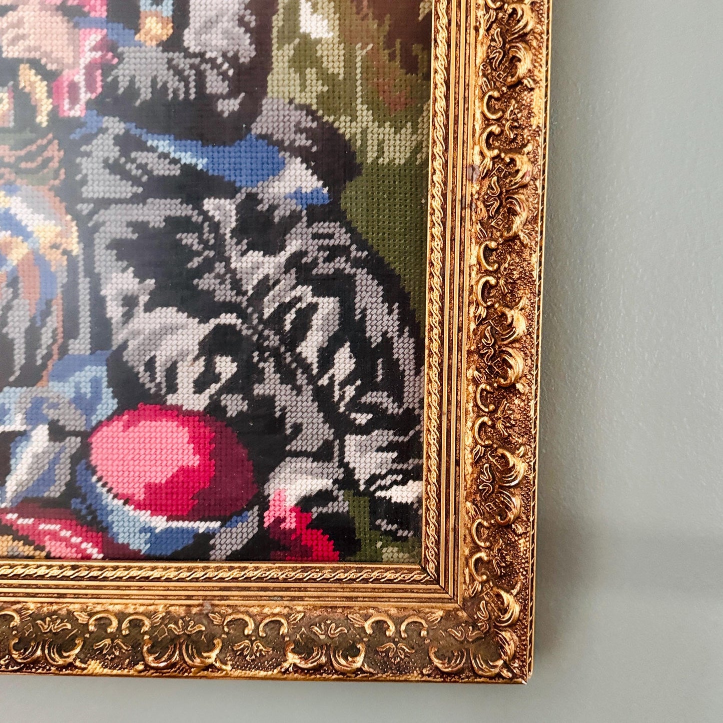 Large Victorian Needlepoint Crewel Fiber Art — Ornate Gold Gilt Frame