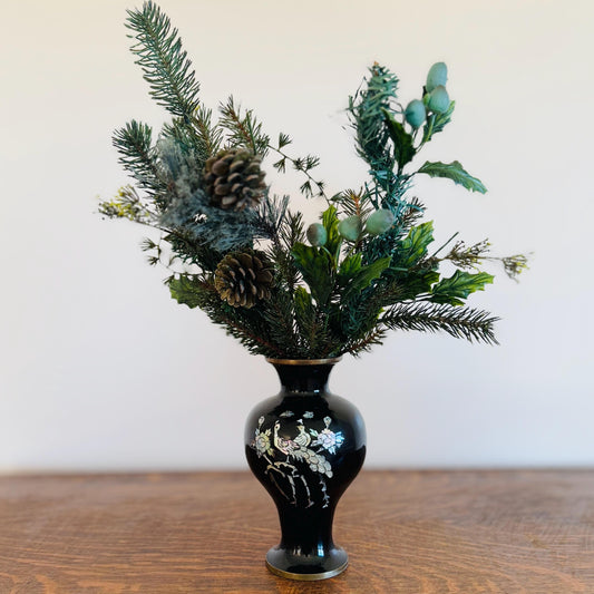 Vintage Korean Mother of Pearl Peacock Black Enamel with Brass Trim Vase