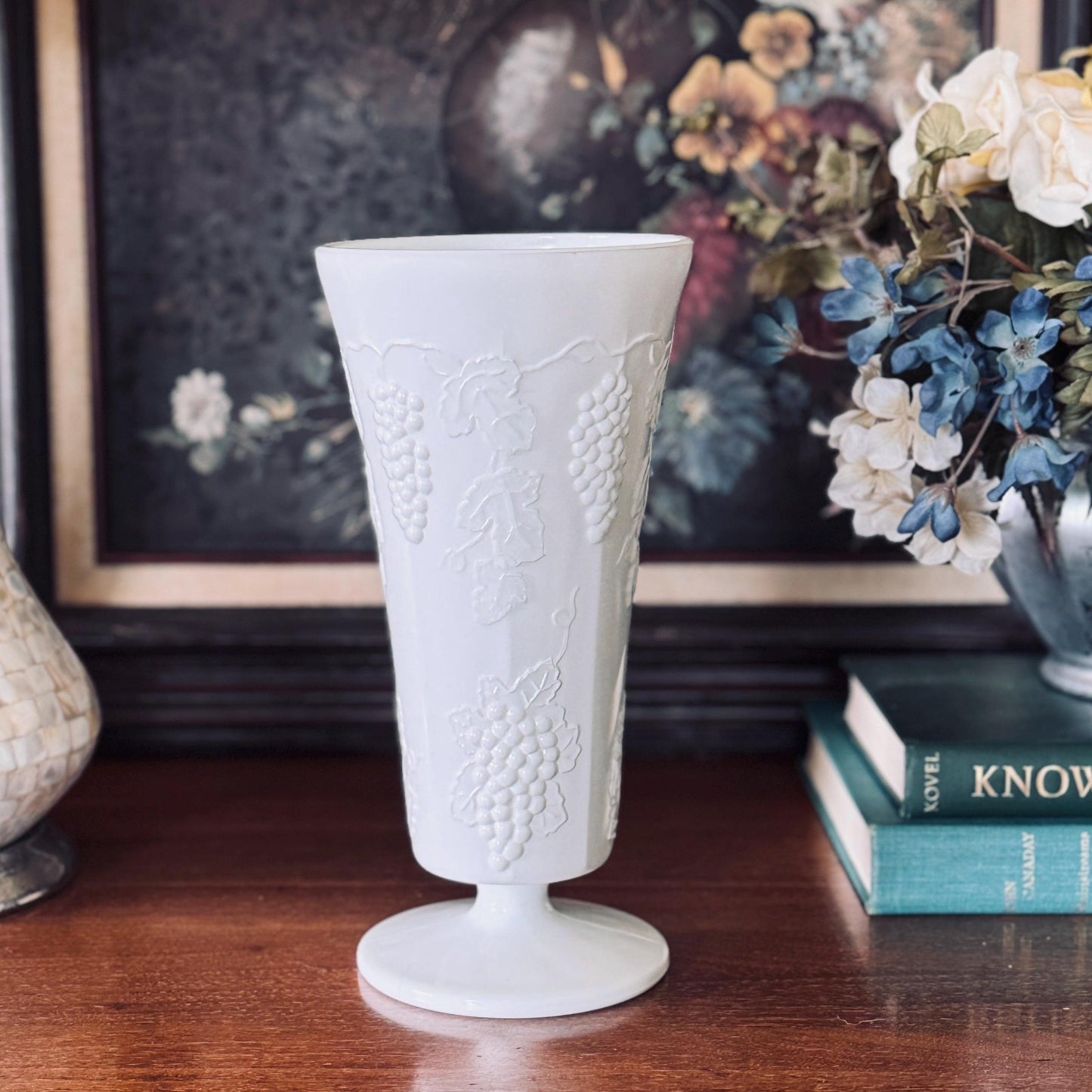 Vintage Milk Glass Grapevine Pedestal Vase – 10” Tall