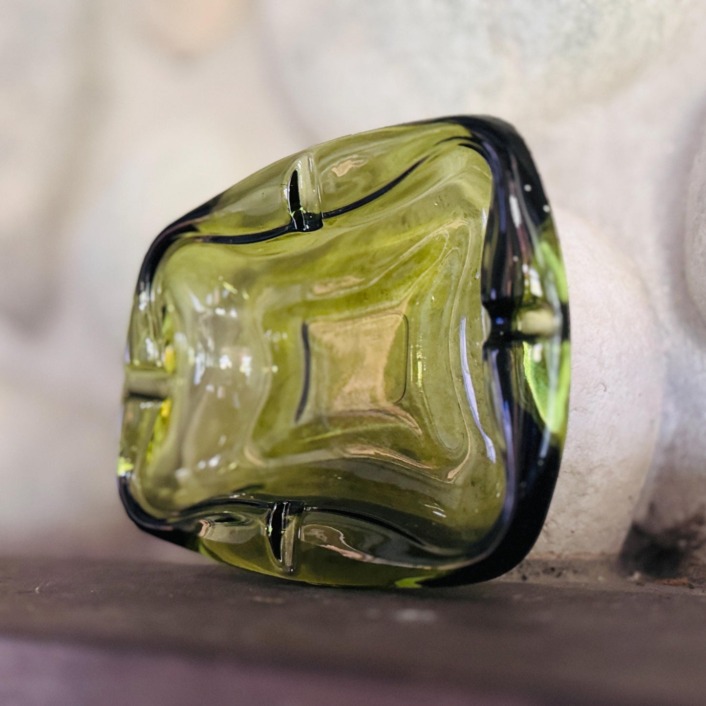 Olive Green Mid-Century Glass Ashtray Catchall – Heavy Retro Sculptural Form