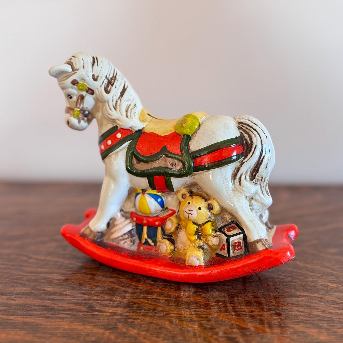 Vintage Enesco Holiday Rocking Horse Bank – Hand-Painted Ceramic Christmas Toy Horse with Teddy Bear & ABC Block