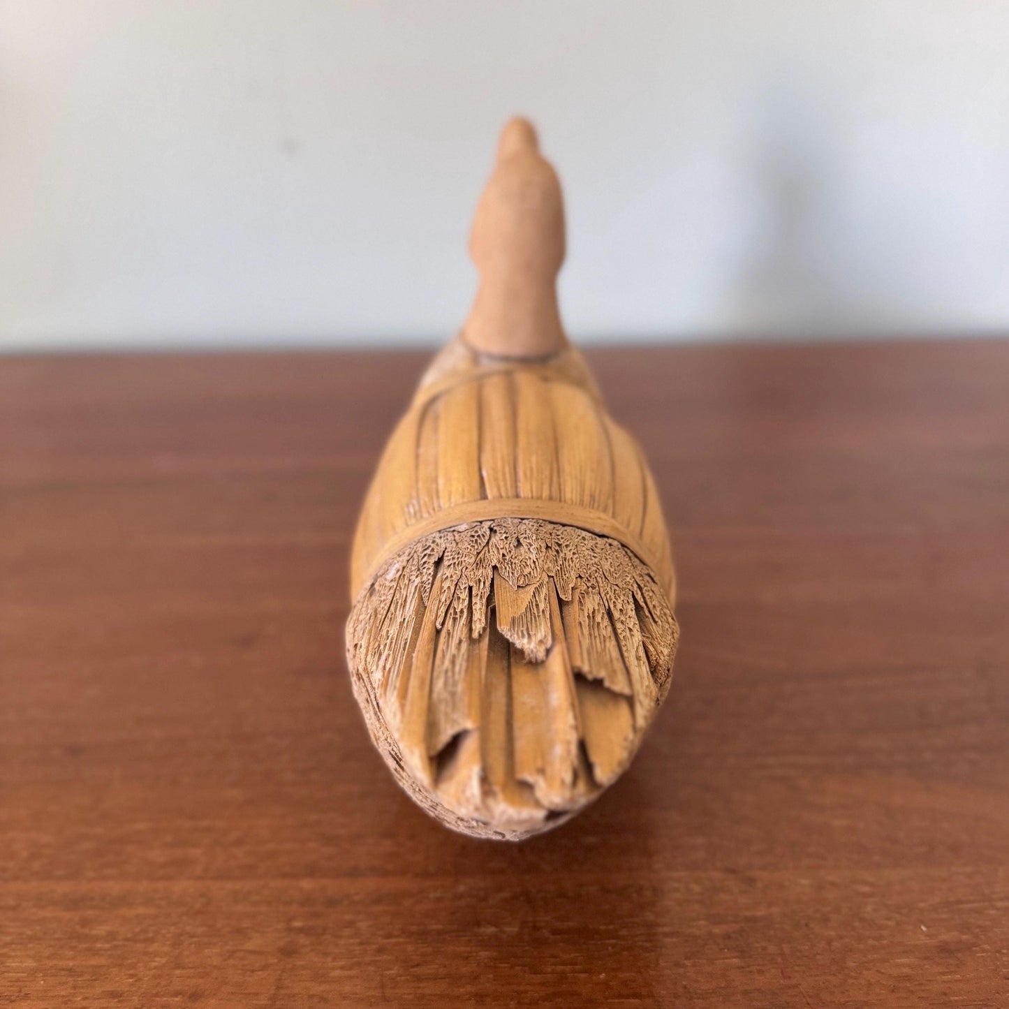 Rustic Wood & Bamboo Duck Sculpture: Farmhouse Folk Art Decor