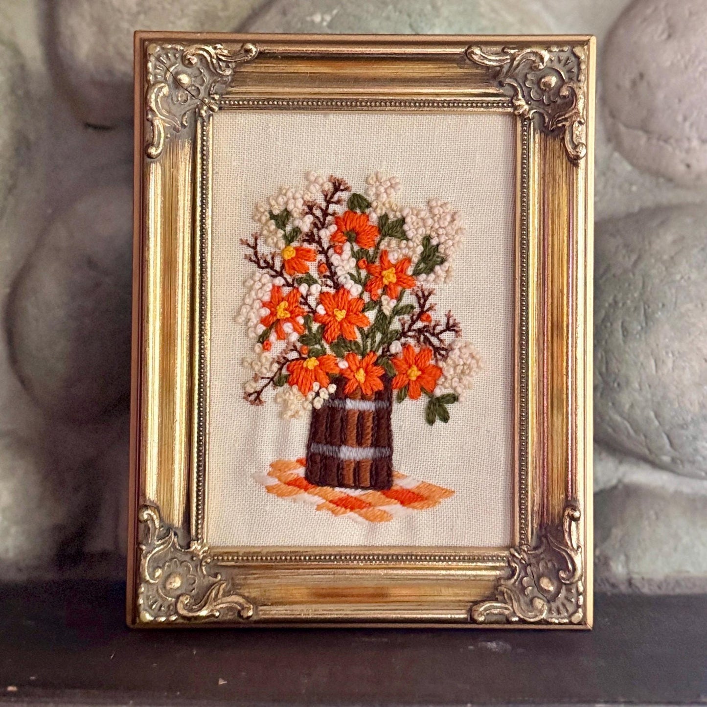 Vintage Crewel Needlepoint Hand-Embroidered Floral Art Framed in Ornate Gold Tone Frame