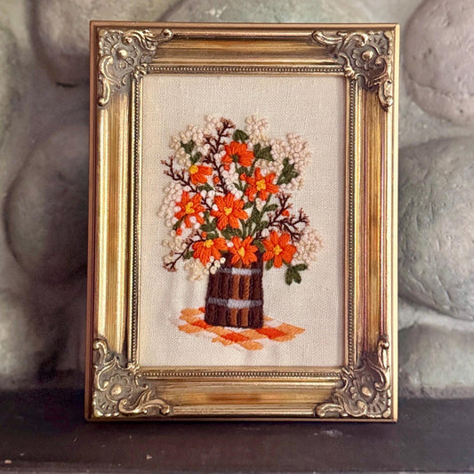 Vintage Crewel Needlepoint Hand-Embroidered Floral Art Framed in Ornate Gold Tone Frame