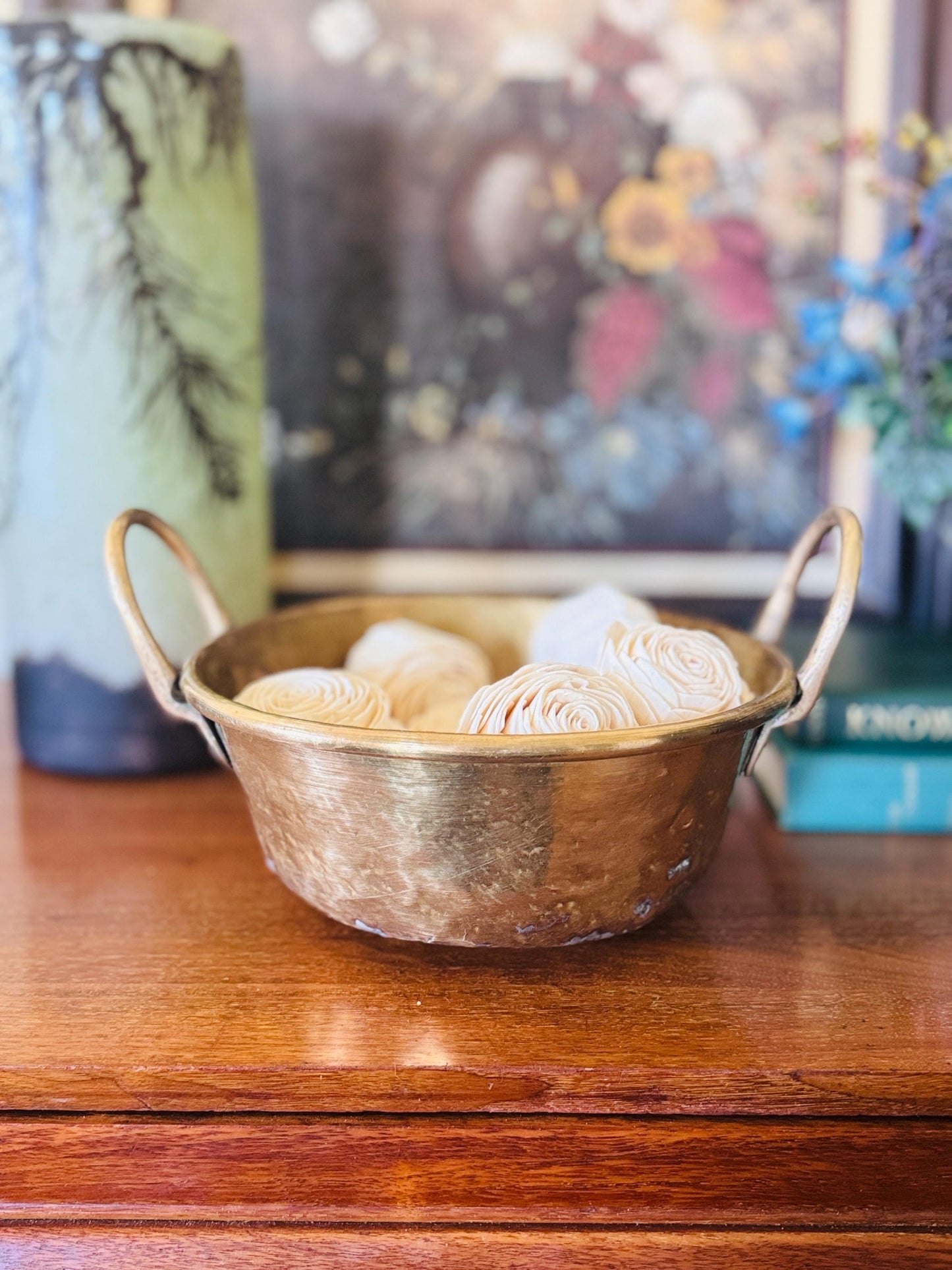 Vintage Hand-Hammered Solid Brass Bowl with Handles