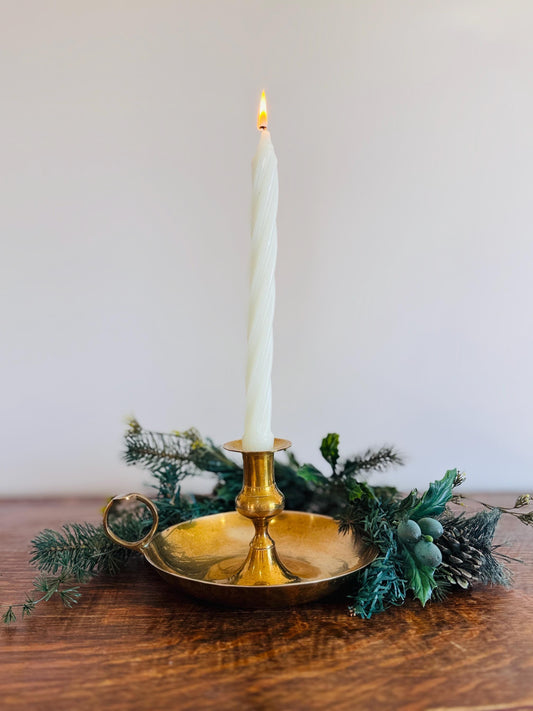 Vintage Large Solid Brass Chamberstick Candle Holder with Handle | Timeless Holiday Decor