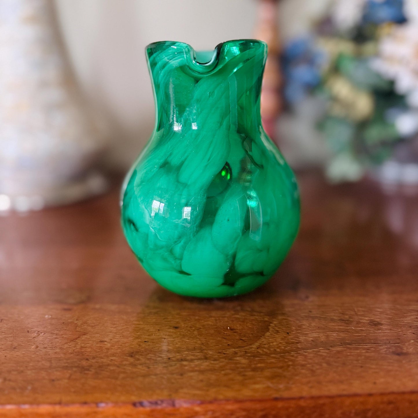 Vintage Hand Blown Jewel Toned Emerald Green Swirl Art Glass Retro Barware