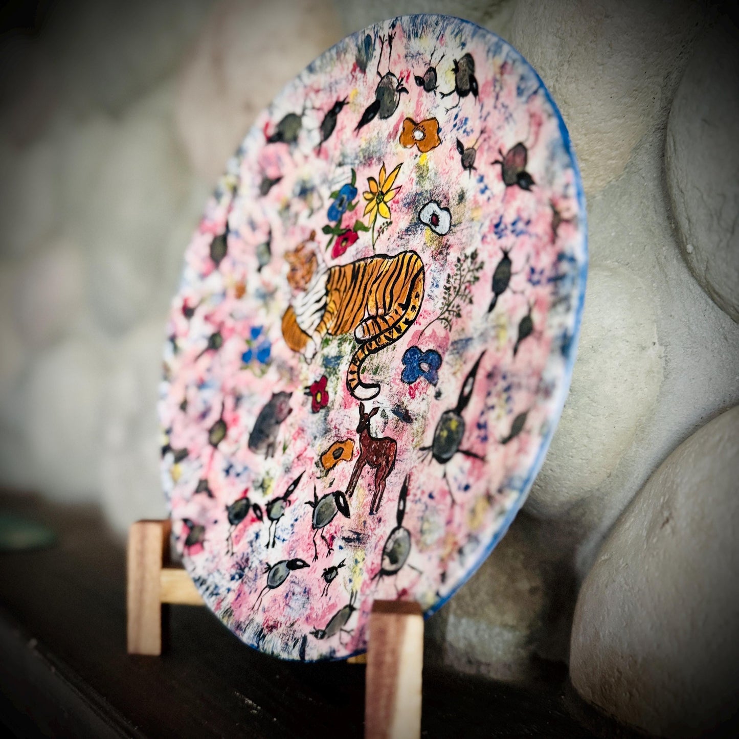 Hand-Painted Tiger Ceramic Plate: 1973 Signed Folk Art Decor