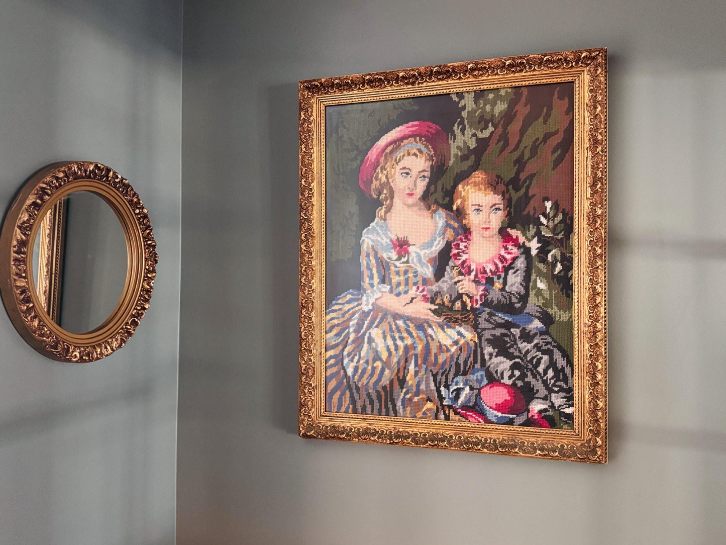 Large Victorian Needlepoint Crewel Fiber Art — Ornate Gold Gilt Frame
