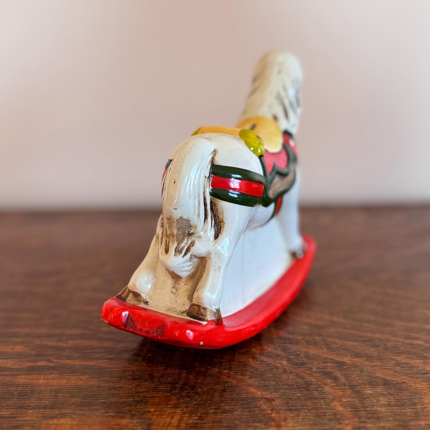 Vintage Enesco Holiday Rocking Horse Bank – Hand-Painted Ceramic Christmas Toy Horse with Teddy Bear & ABC Block