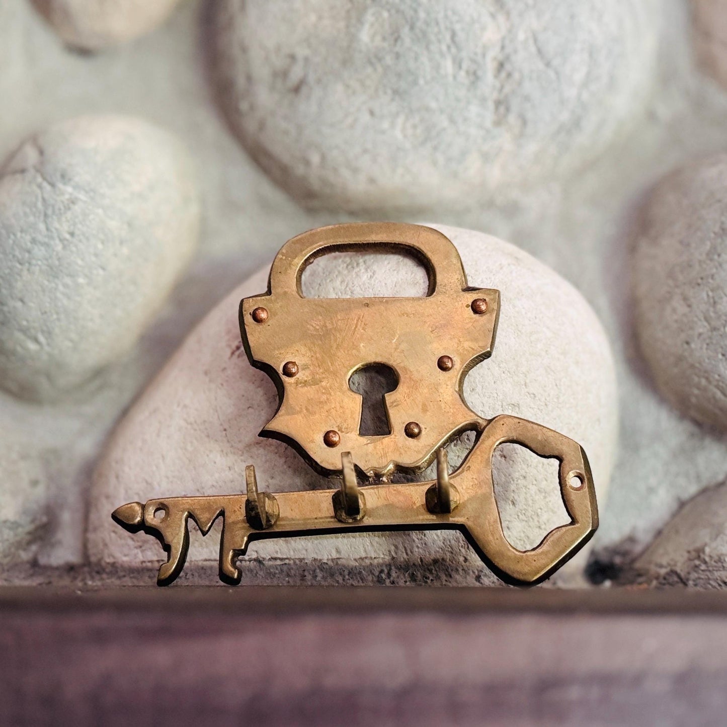 Vintage Solid Brass Padlock & Key Wall Hook – Made in India