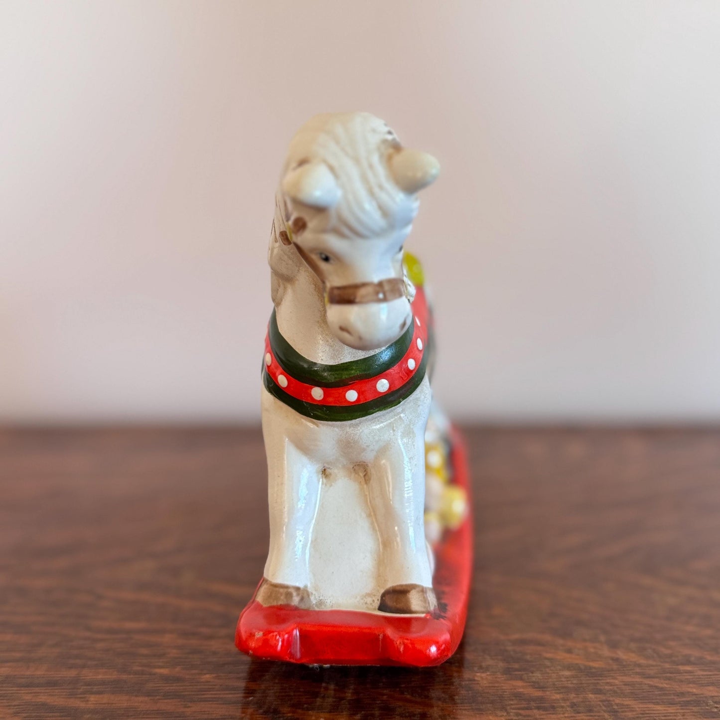 Vintage Enesco Holiday Rocking Horse Bank – Hand-Painted Ceramic Christmas Toy Horse with Teddy Bear & ABC Block