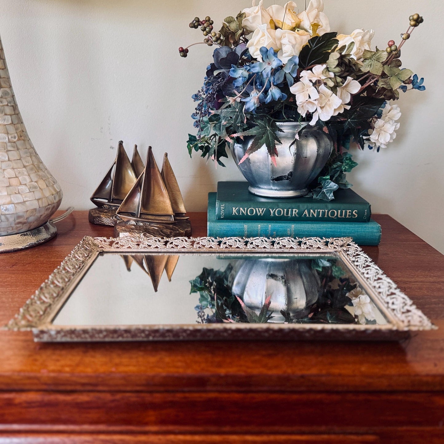 Vintage Hollywood Regency Mirrored Tray | Gilt Filigree Perfume Display