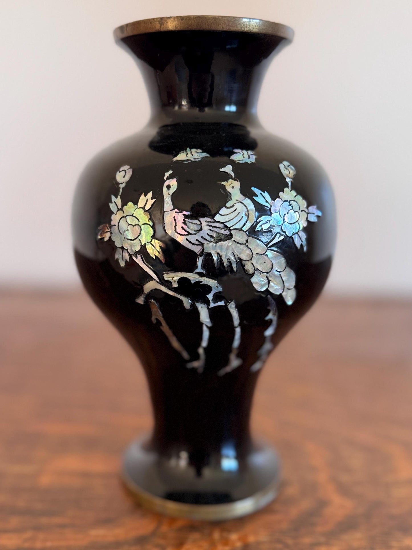 Vintage Korean Mother of Pearl Peacock Black Enamel with Brass Trim Vase