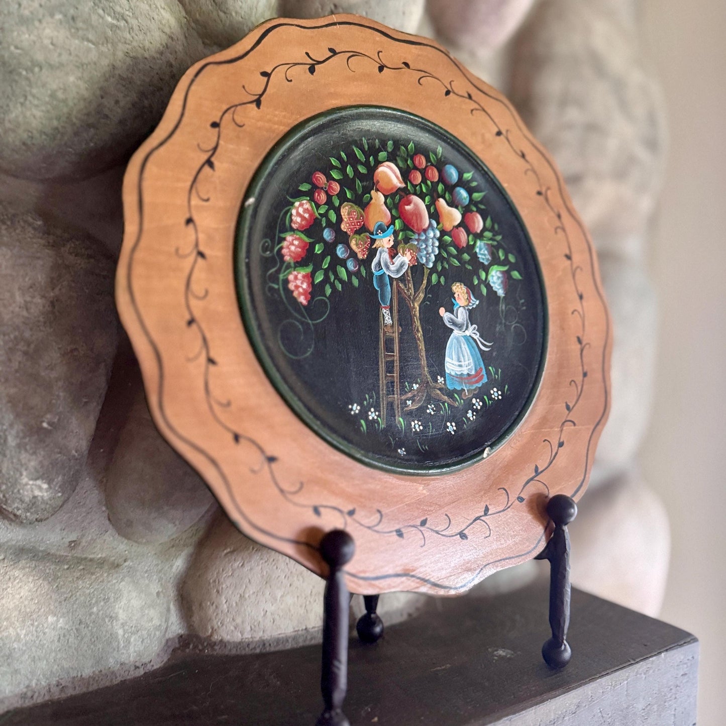 Hand-Painted Folk Art Decorative Wooden Charger Plate Artist Signed Collector Quality