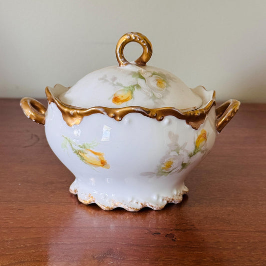 Antique Limoges Porcelain Sugar Bowl – Hand Painted Roses, Gold Trim
