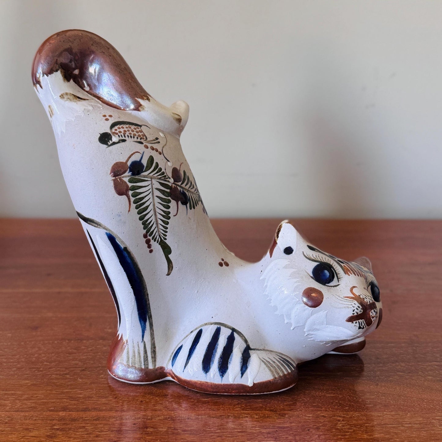 Vintage Tonalá Pottery Cat Figurine | Hand-Painted Mexican Folk Art