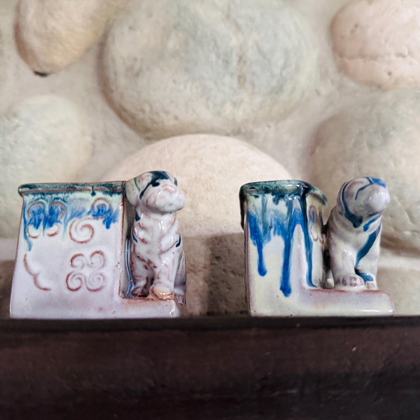Vintage Japanese Ceramic Dog Planters: Blue Drip Glaze Folk Art, Set of 2