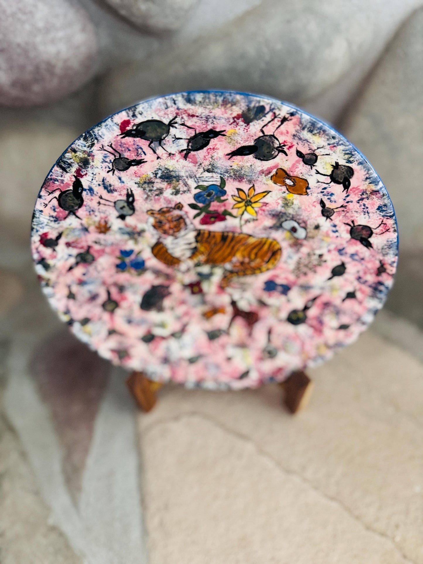 Hand-Painted Tiger Ceramic Plate: 1973 Signed Folk Art Decor