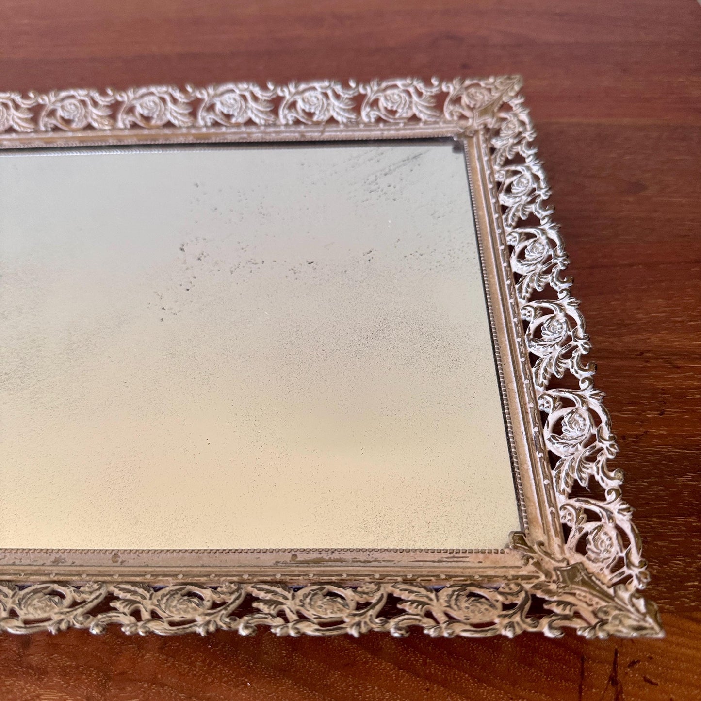 Vintage Hollywood Regency Mirrored Tray | Gilt Filigree Perfume Display