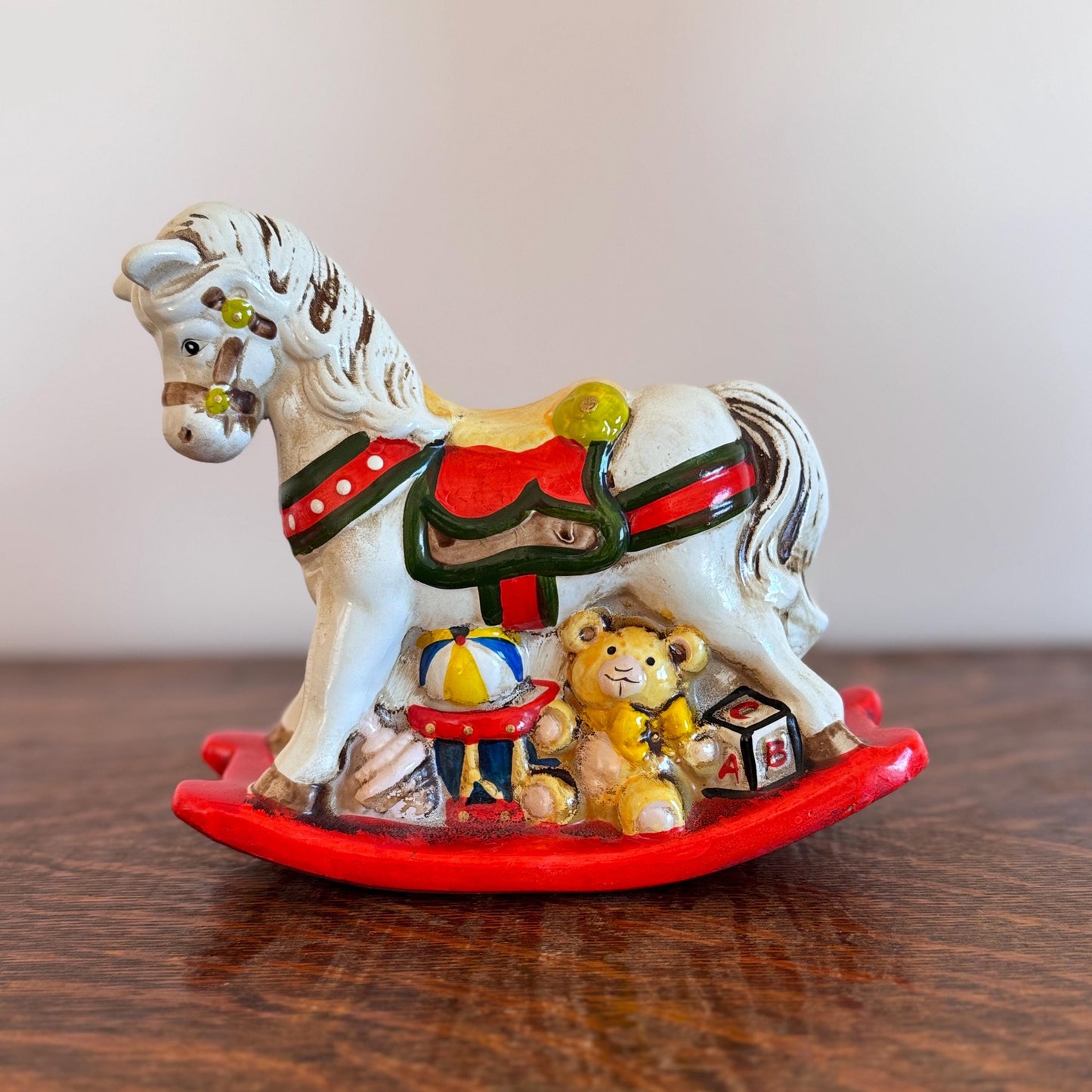 Vintage Enesco Holiday Rocking Horse Bank – Hand-Painted Ceramic Christmas Toy Horse with Teddy Bear & ABC Block
