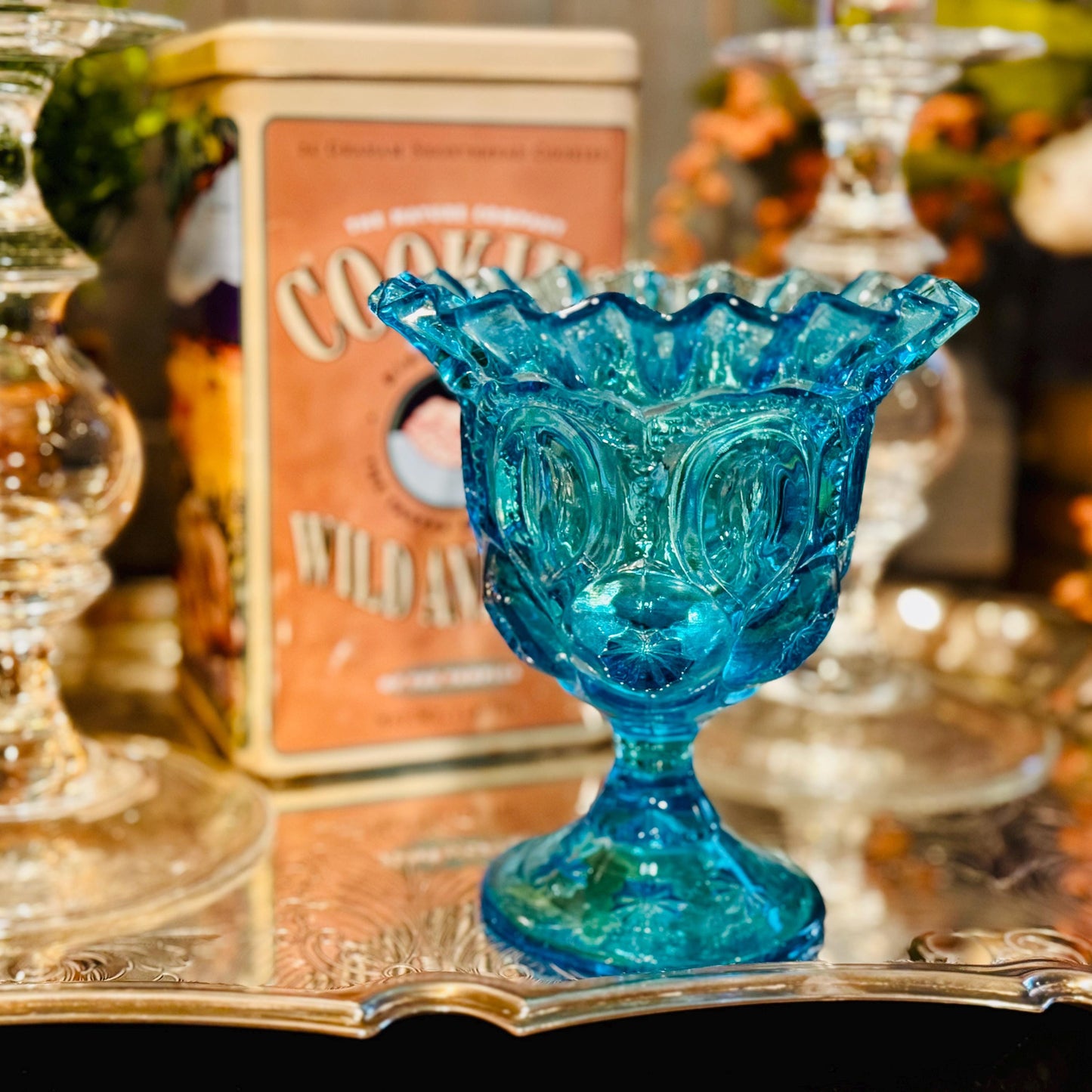 Vintage Moon & Stars Blue Glass Candy Dish - Mid Century Compote Bowl