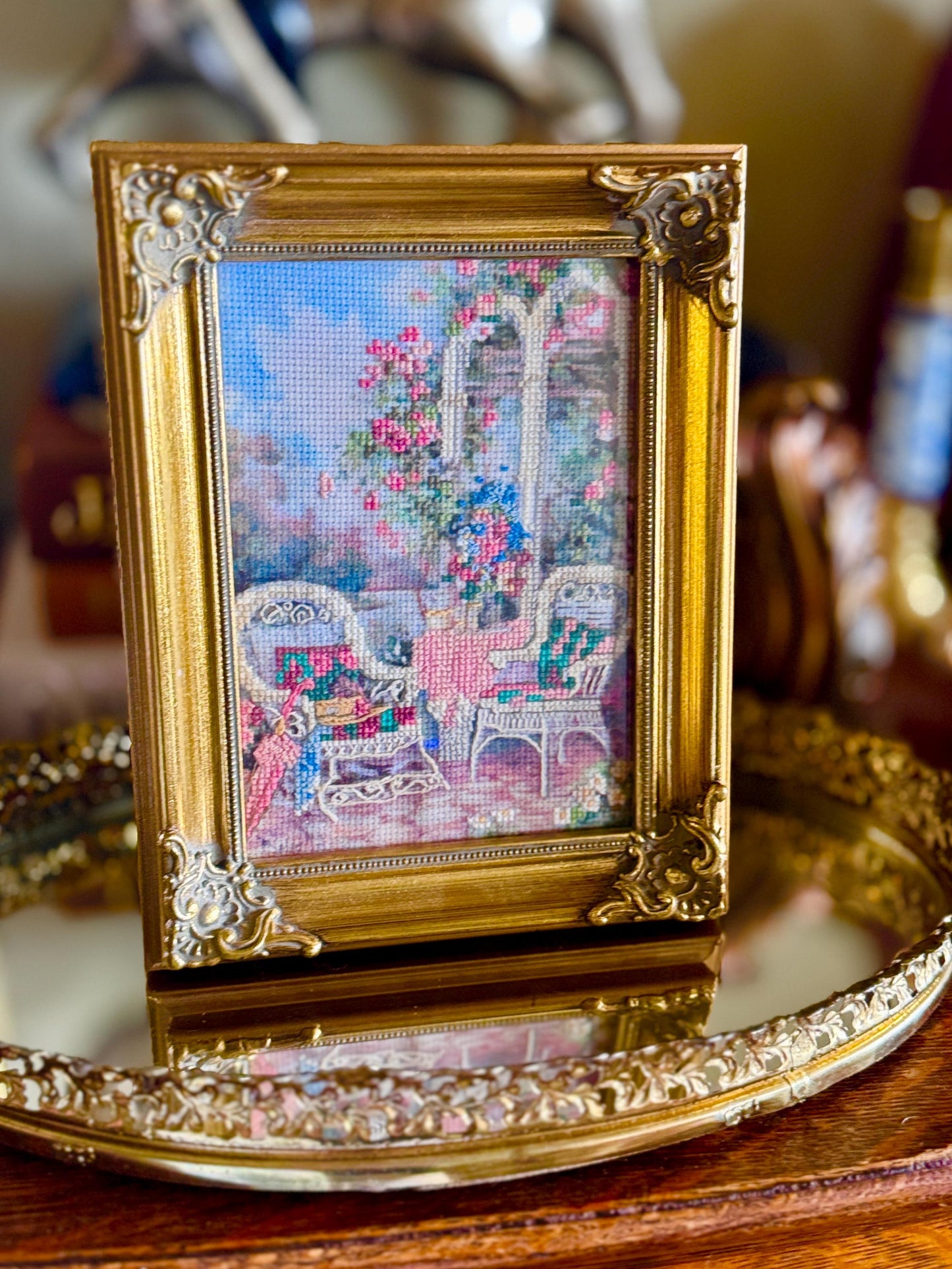 Vintage Needlepoint Crewel Framed Hand-Embroidered Floral Art Needlepoint in Ornate Gold Tone Frame
