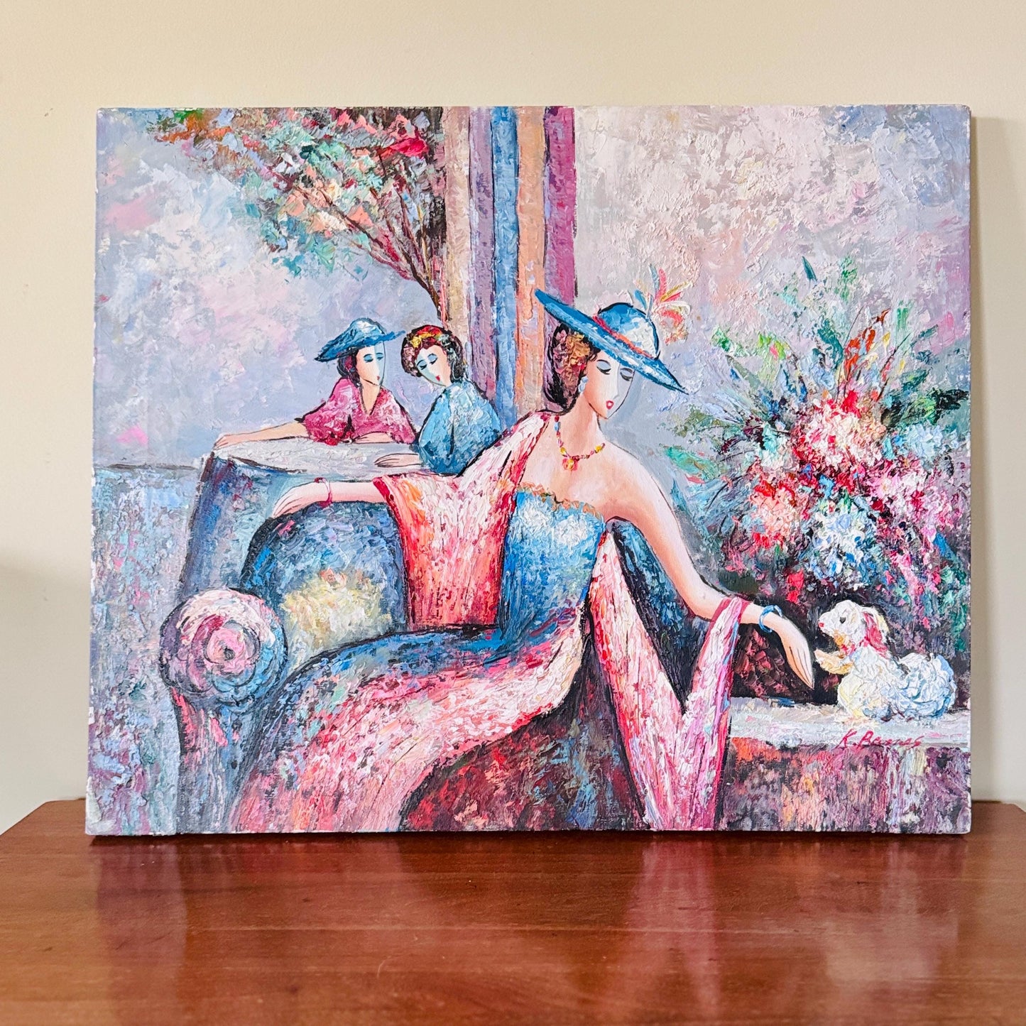 Vintage K. Barnes Oil Painting: Parisian Women with Dog, Floral Impasto Art (20x24)