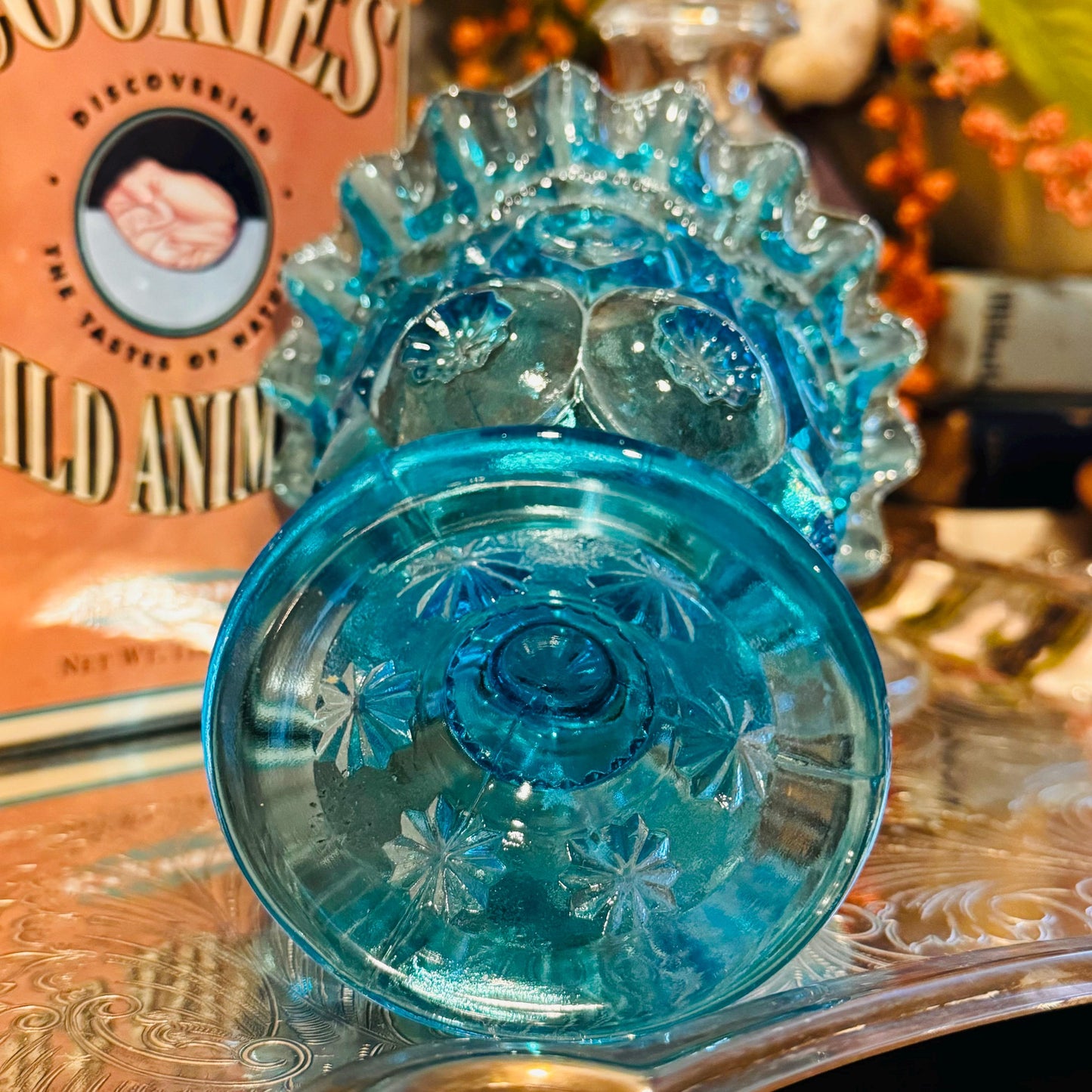 Vintage Moon & Stars Blue Glass Candy Dish - Mid Century Compote Bowl