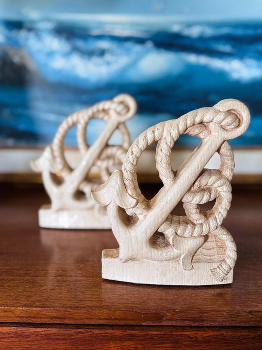Nautical Anchor Rope Bookend Set – Vintage SyrocoWood 1950s Coastal Decor