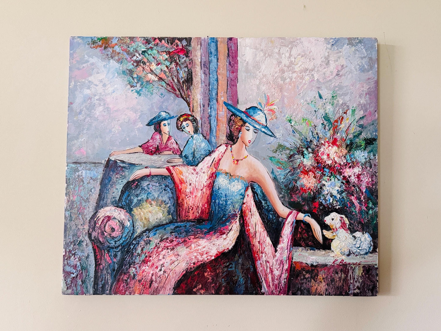 Vintage K. Barnes Oil Painting: Parisian Women with Dog, Floral Impasto Art (20x24)