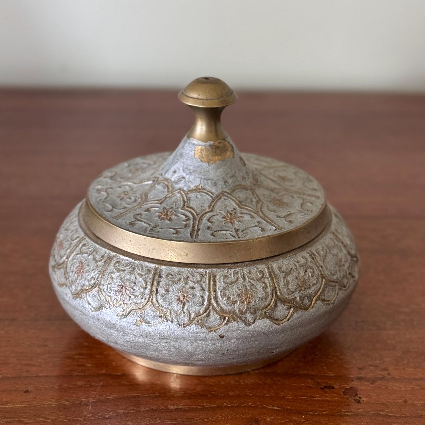 Vintage Brass two toned Blue Gray Trinket Bowl Dish that was Made in India