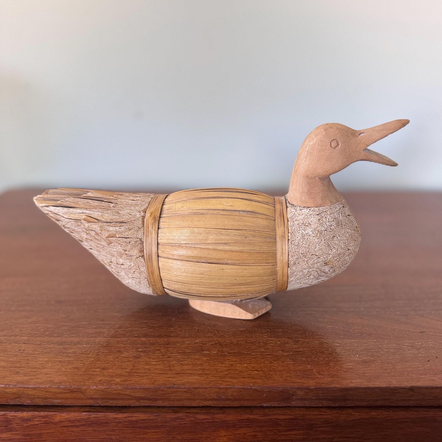 Rustic Wood & Bamboo Duck Sculpture: Farmhouse Folk Art Decor