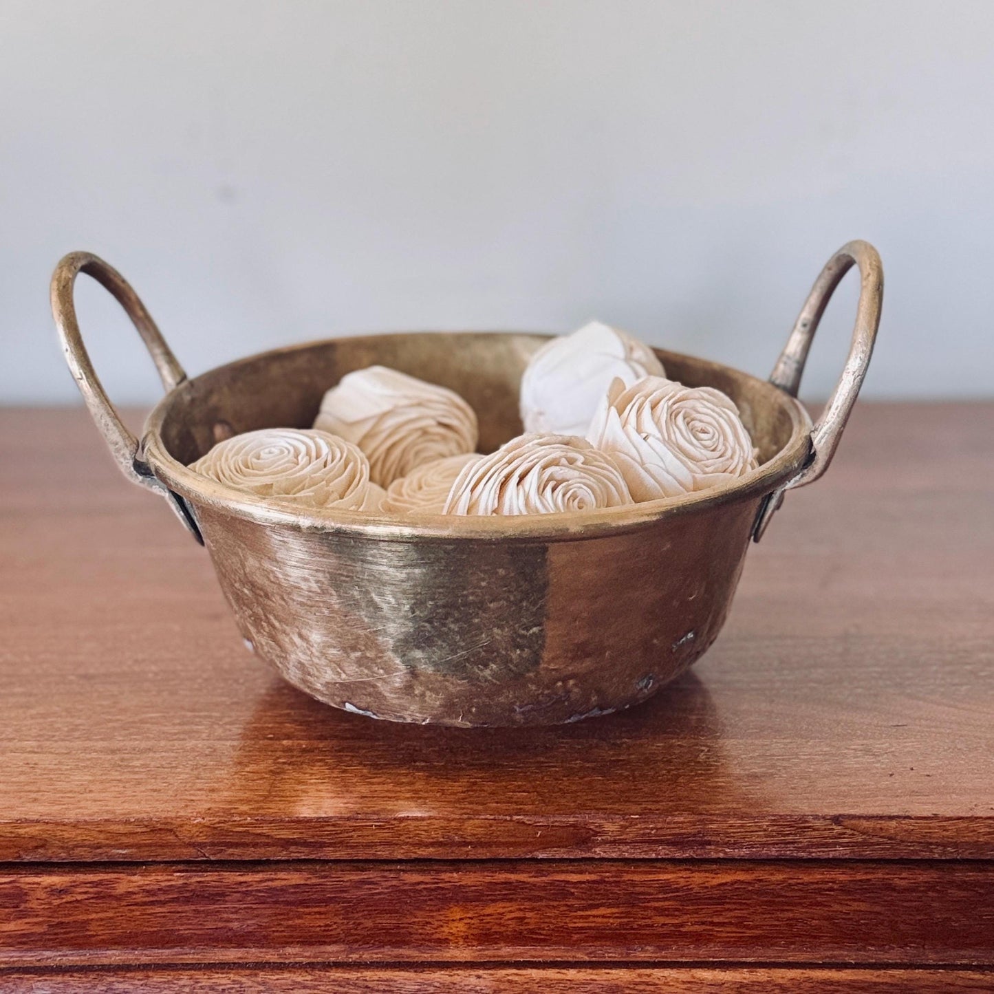 Vintage Hand-Hammered Solid Brass Bowl with Handles
