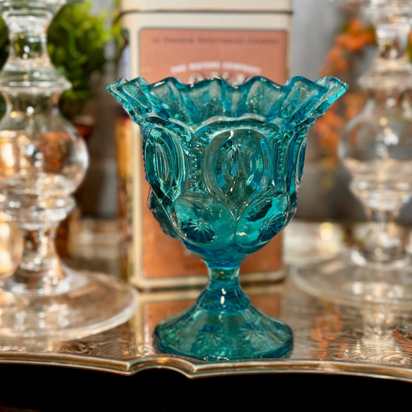 Vintage Moon & Stars Blue Glass Candy Dish - Mid Century Compote Bowl